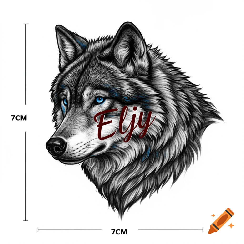 Detailed tattoo design of a wolf's head in black and gray, with striking blue eyes and subtle blue fur accents. The name 'Eljy' is visible in red script across its face, and "7CM" measurements are shown on the white background.