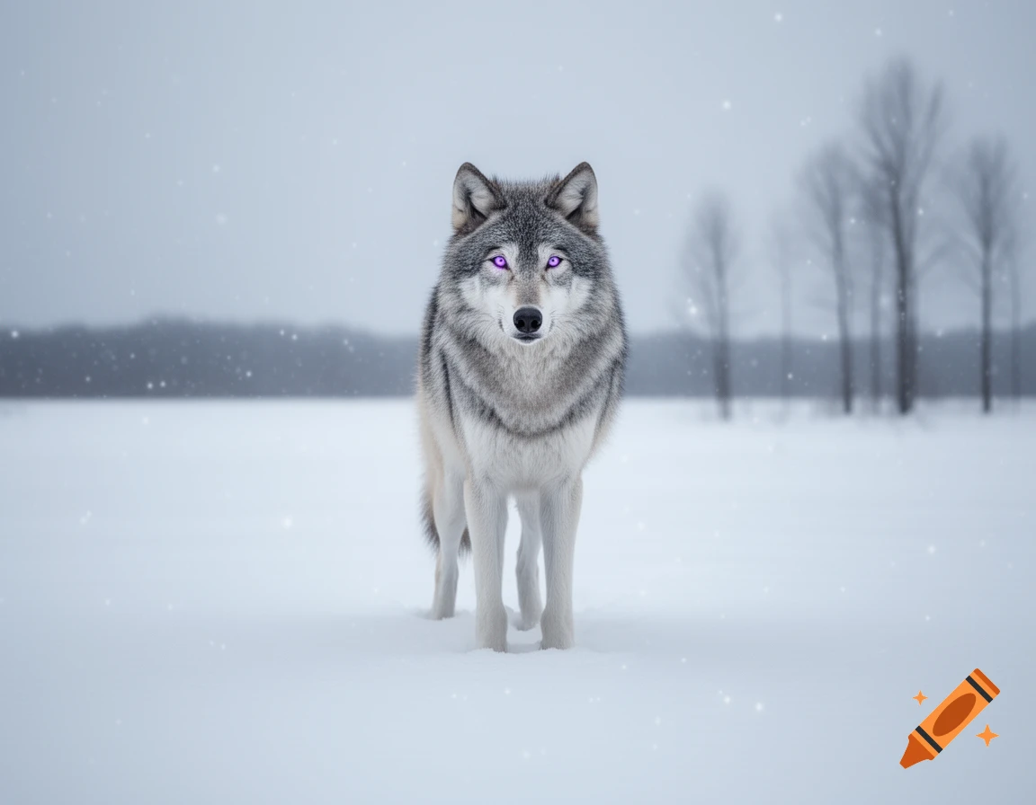 A photorealistic gray and white wolf with piercing purple eyes stands in a vast snowy field.