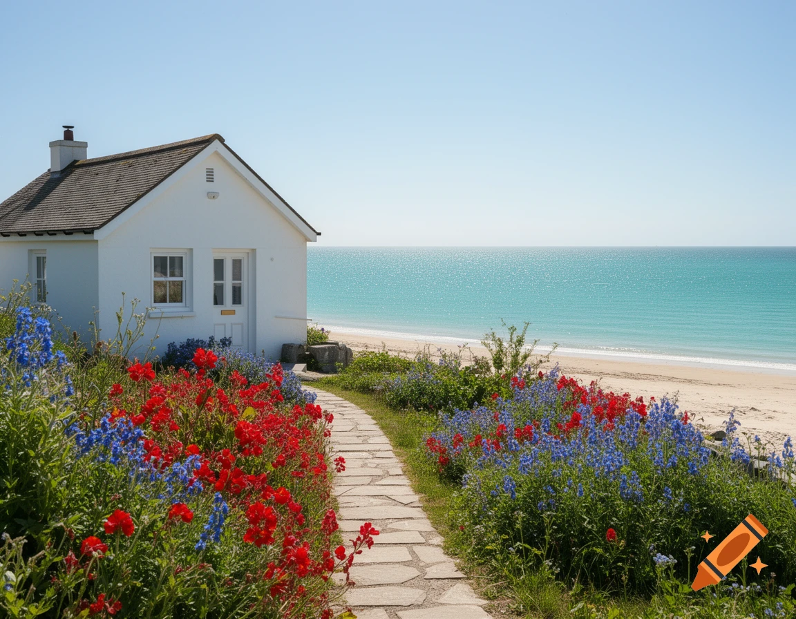 A quaint white cottage with a dark roof stands beside a turquoise sea, a stone path through vibrant red and blue flowers leads to its door.