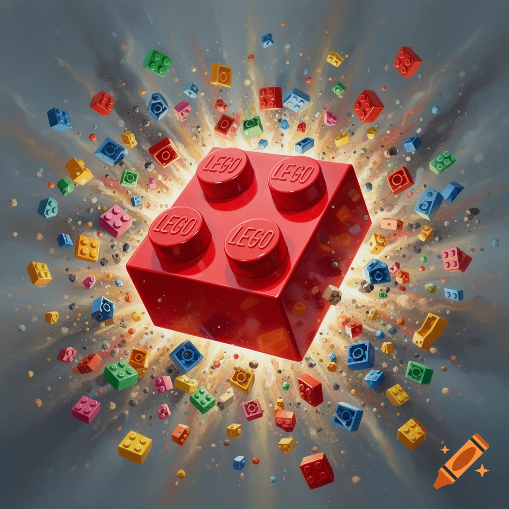 A large red Lego brick explodes, sending smaller colorful Lego bricks scattering outwards in a dynamic, painterly style.