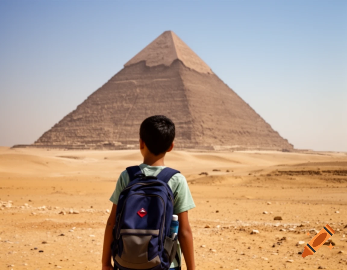 A boy with a backpack stands with his back to the camera, looking at the Great Pyramid of Giza in the Egyptian desert under a clear sky.