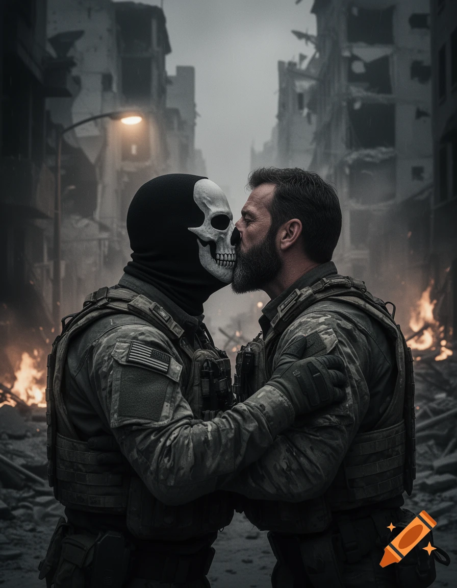 Two soldiers, one wearing a skull mask, share a kiss in a ruined, war-torn city with burning debris in the background, in a photorealistic style.