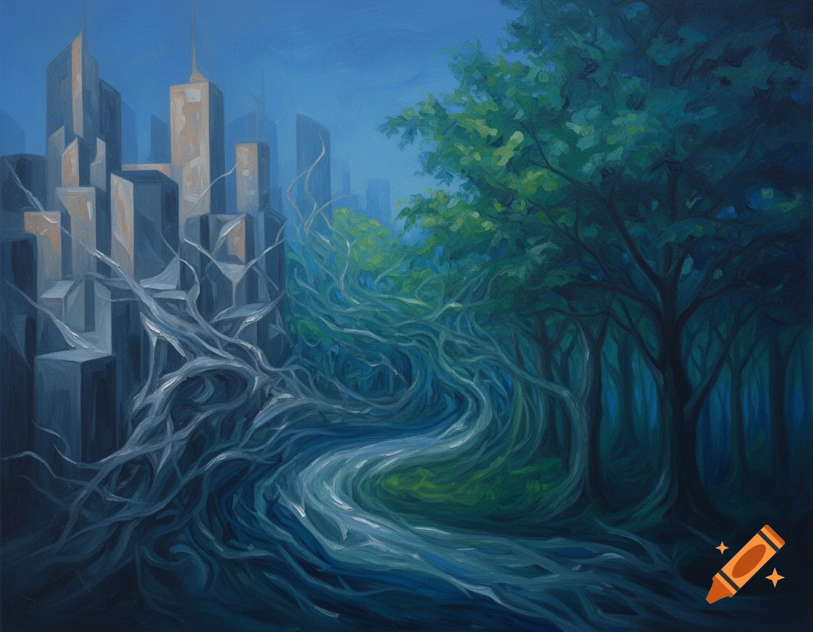 An abstract painting showing a city of geometric buildings merging with a forest of trees and roots, forming a path. Colors are shades of blue and green with grey and fawn highlights.