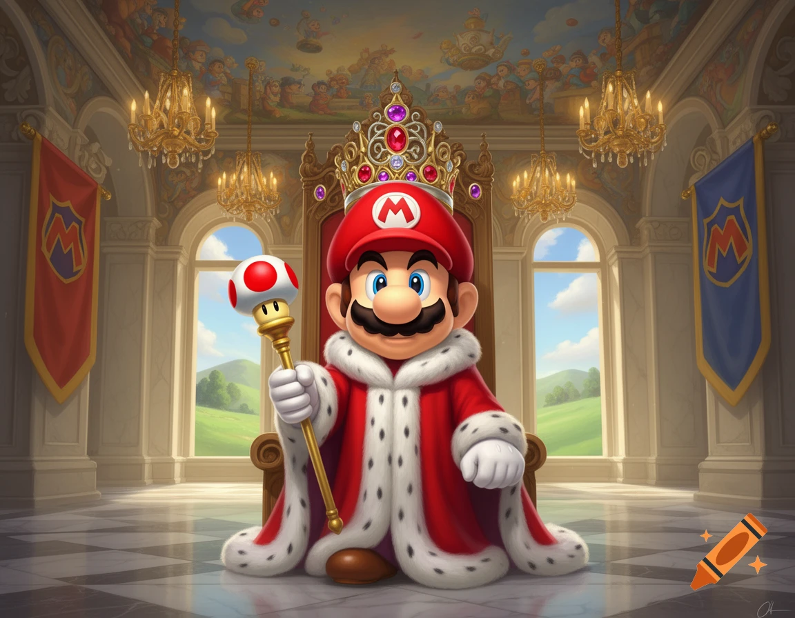Mario, dressed in a regal red and white king's robe and a jeweled crown, sits on a golden throne, holding a Toad scepter.