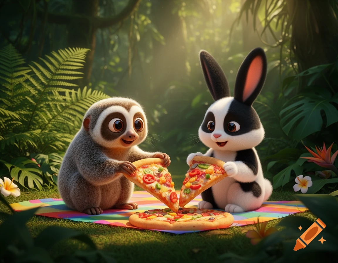 A cute slow loris and a harlequin rabbit eat pizza at a jungle picnic, in a surreal 3D cartoon style.