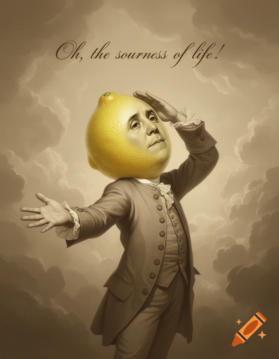 Dramatic man's face on a lemon, dressed in 18th-century attire, looking up at clouds with text 'Oh, the sourness of life!'