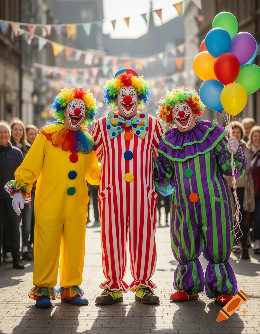 Three cheerful clowns in vibrant, ruffled costumes and colorful wigs stand on a brick street lined with bunting, holding balloons.