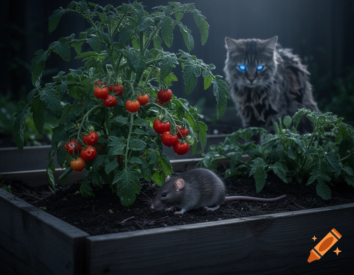 Photorealistic image of a rat in a raised garden bed with a tomato plant, observed by a ragged cat with glowing blue eyes in the dark background.