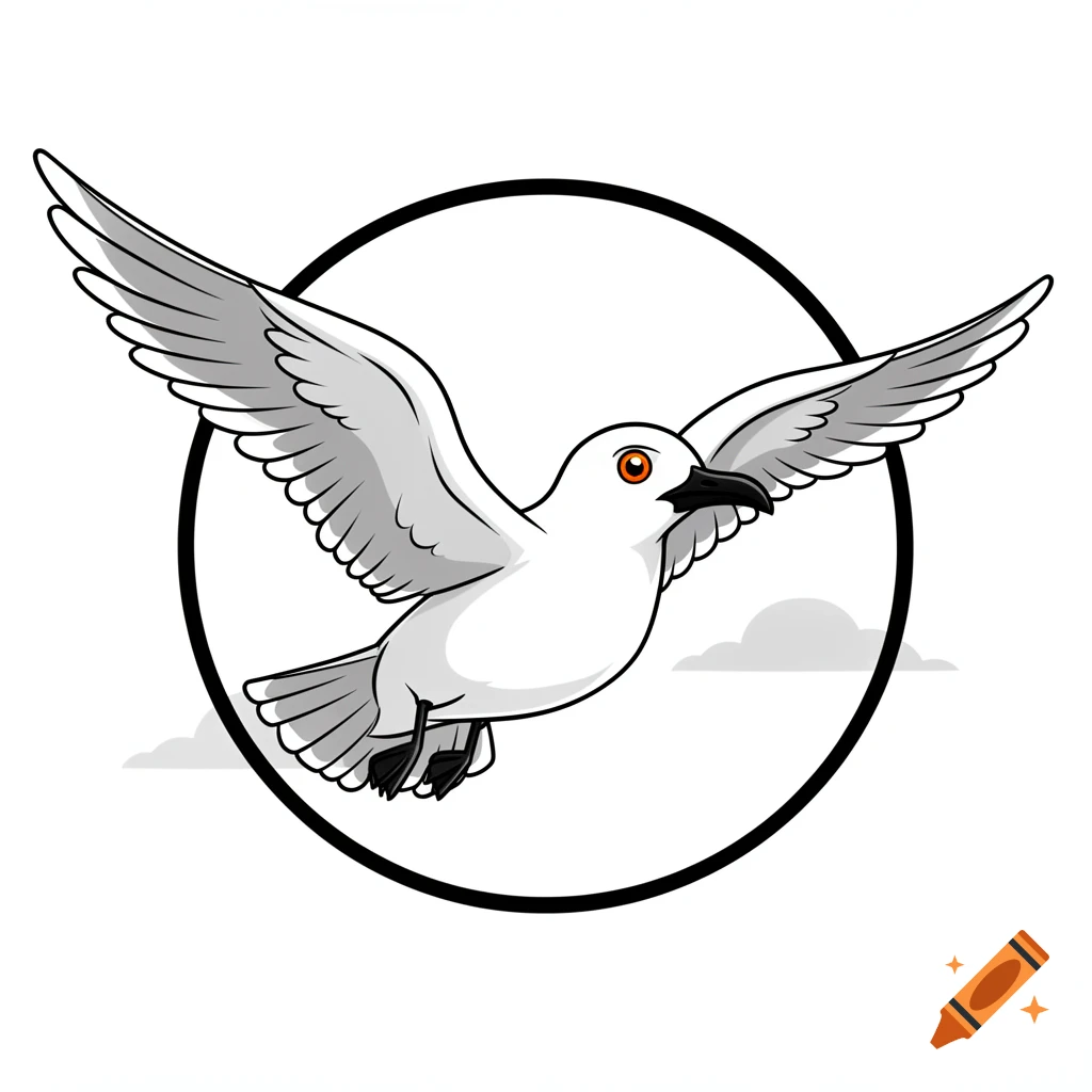 Cartoon illustration of a white seagull with orange eyes and a black beak, flying within a black circular frame.