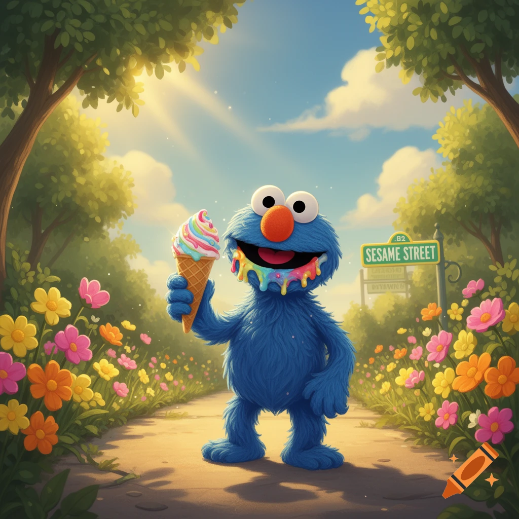 Grover the blue furry monster holds a melting rainbow ice cream cone on a sunny, flowery path with a Sesame Street sign.