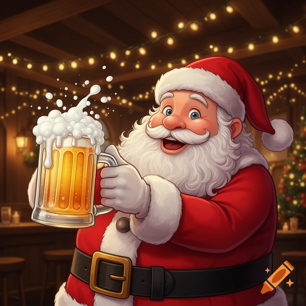 Cartoon Santa Claus happily holding a frothy mug of beer in a festive, string-lit pub.