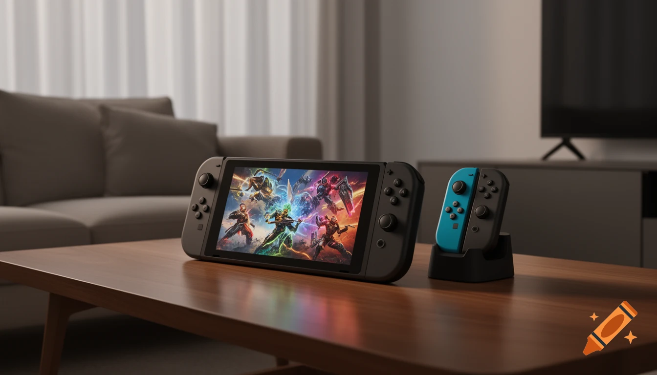 A Nintendo Switch console displays a colorful video game on a wooden table, next to a docked blue and gray Joy-Con controller set.