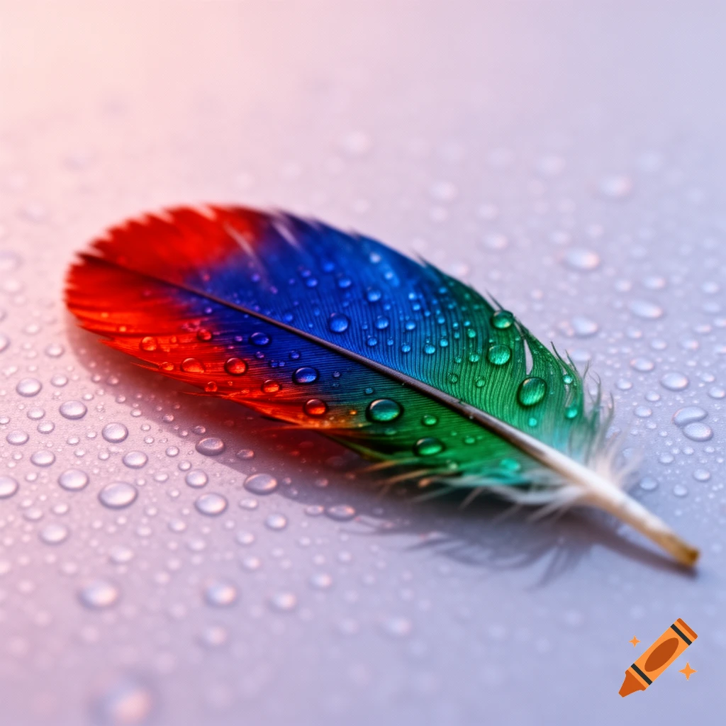 Close-up of a vibrant red, blue, and green feather covered in clear water droplets on a light, blurred background.