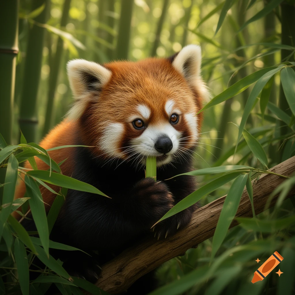 A photorealistic red panda sits on a tree branch in a lush bamboo forest, eating a green bamboo shoot.