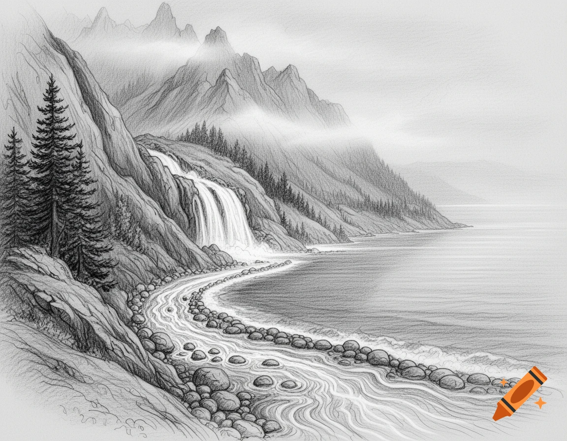 Pencil drawing of a majestic coastal landscape with rugged mountains, a flowing waterfall, a winding river, and a calm sea.
