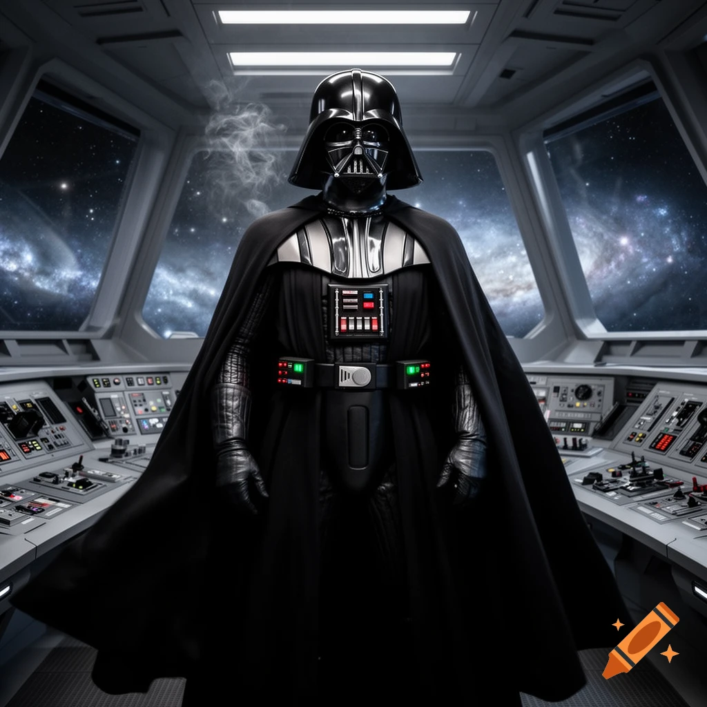 Darth Vader stands in the cockpit of a spaceship, looking out at a galaxy filled with stars.