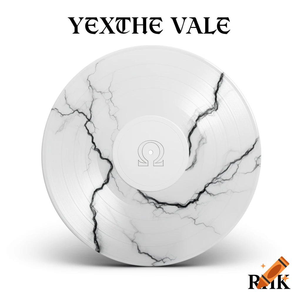 A white vinyl record with black lightning streaks, featuring "YEXTHE VALE" text, an Omega symbol, and "RHK" on a white background.
