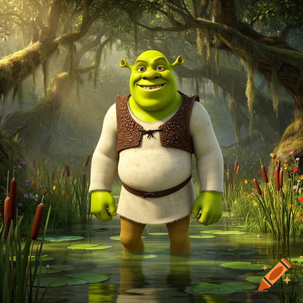 Shrek, a green ogre, smiles broadly while standing in a shallow, sunlit swamp with lily pads and mossy trees in the background.
