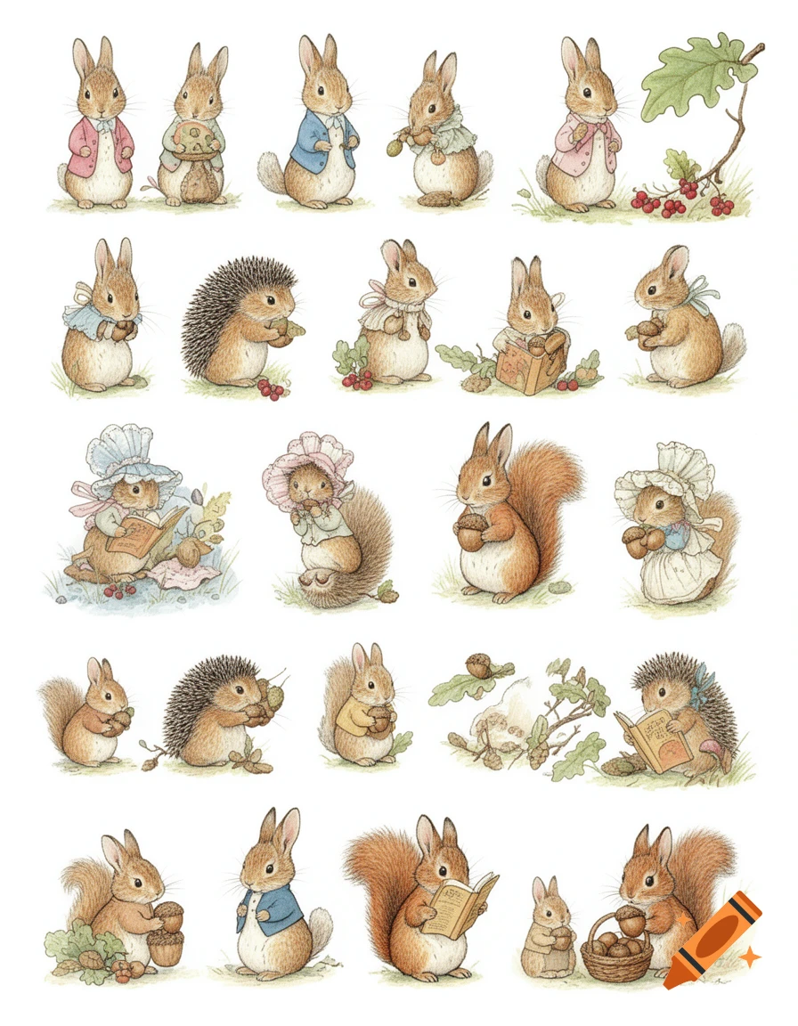 Multiple watercolor illustrations of anthropomorphic rabbits, squirrels, and hedgehogs dressed in clothes, some holding nuts or reading books, on a white background.