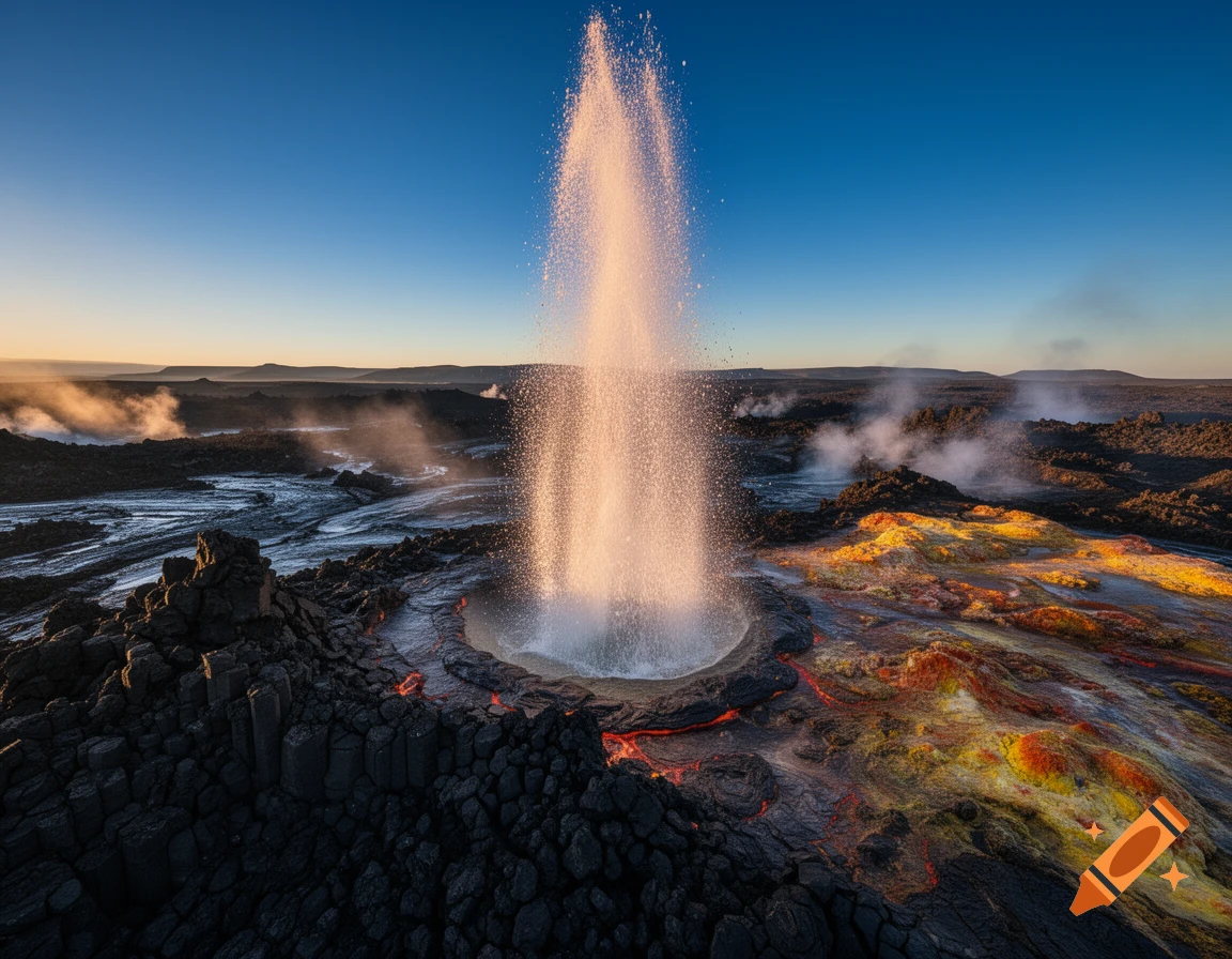 A powerful geyser erupts in a dramatic volcanic landscape with steam, flowing lava, and rugged dark rock under a clear blue sky.