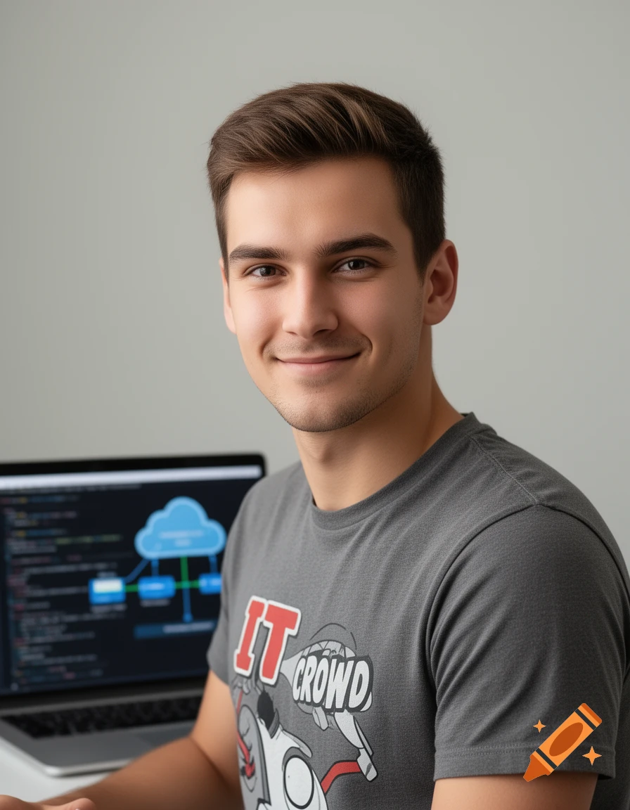 Photorealistic portrait of a smiling young man in a gray 'IT CROWD' t-shirt, sitting at a desk with a laptop displaying a cloud diagram.