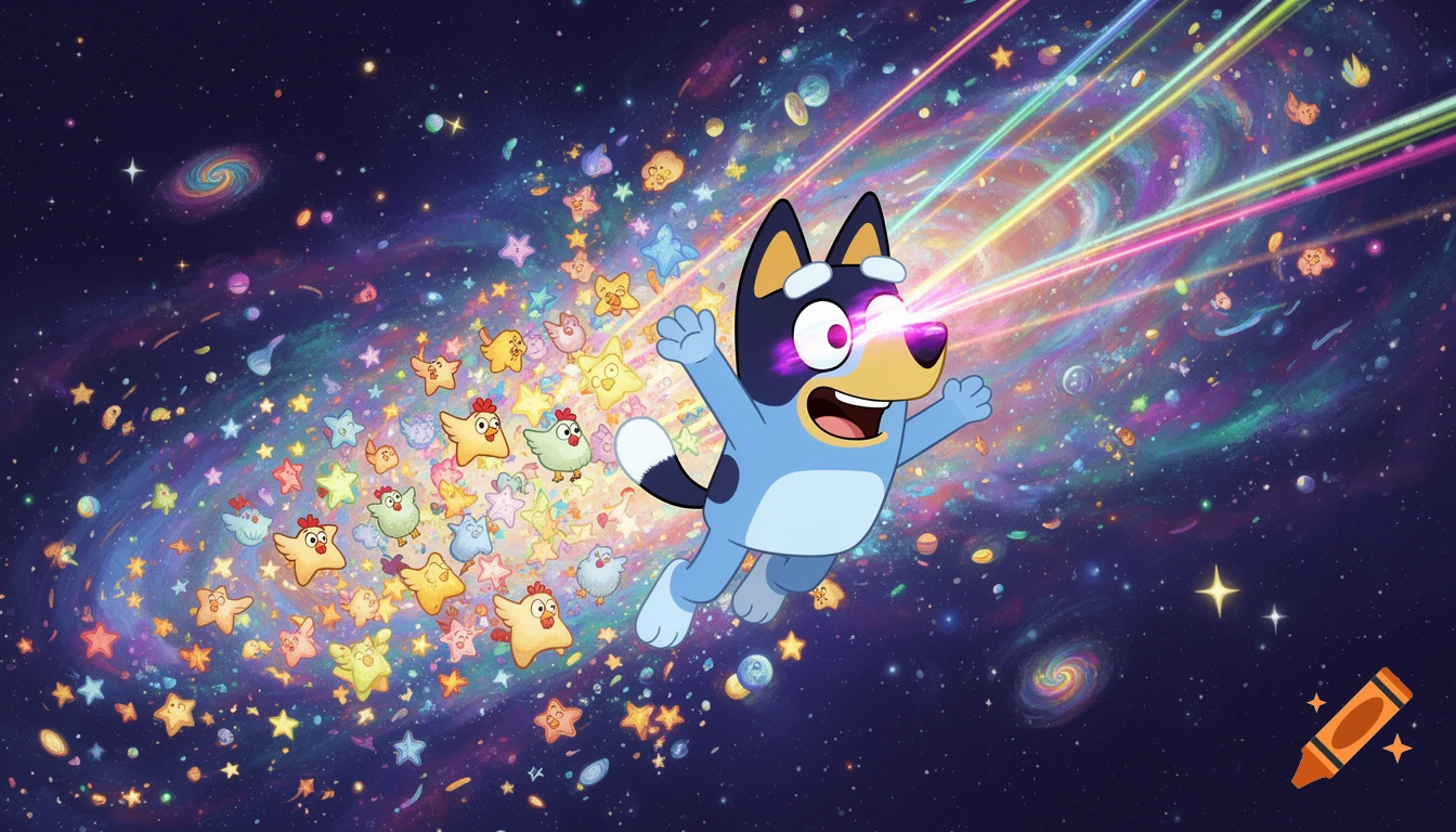Bluey, the blue dog, flies through a colorful galaxy, shooting rainbow laser beams from her eyes, followed by a swarm of cartoon chicken-shaped stars.