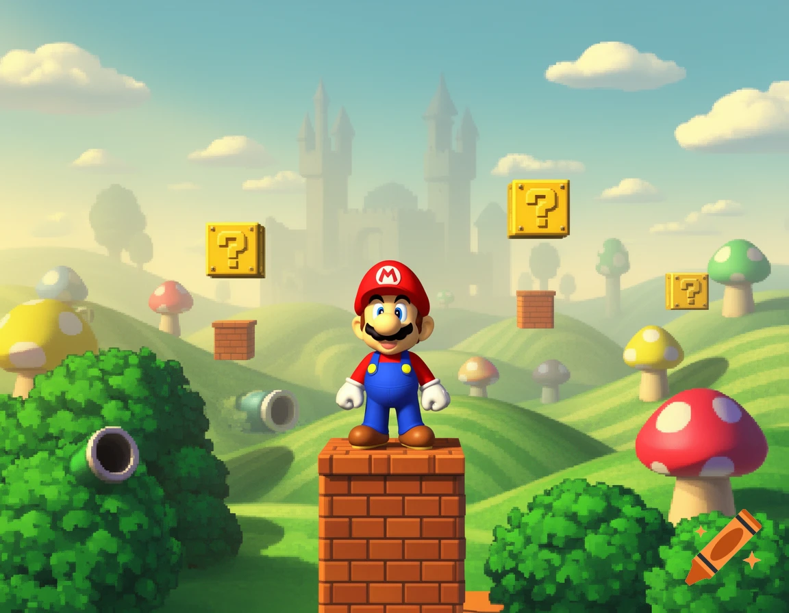 Mario stands on a brick block in a vibrant cartoon landscape with green hills, mushrooms, question mark blocks, and a distant castle.