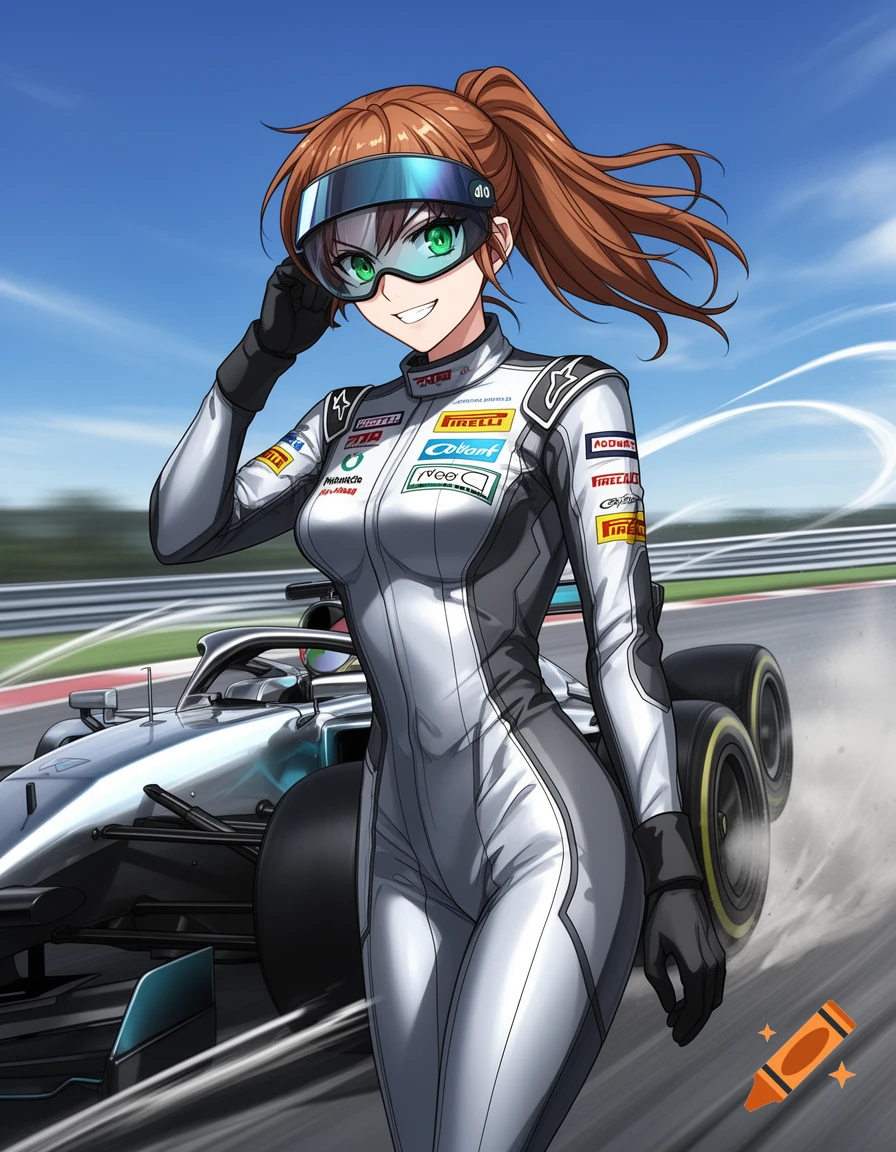 An anime female race car driver in a silver suit and goggles smiles next to a race car on a track under a blue sky.