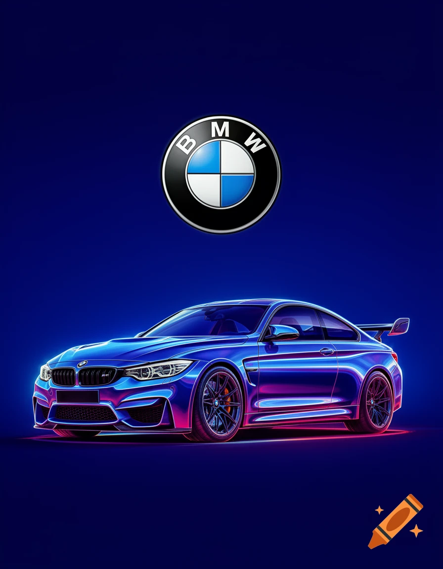 Stylized blue BMW M4 car with a spoiler, glowing with neon lights, and a BMW logo above it on a dark blue background.