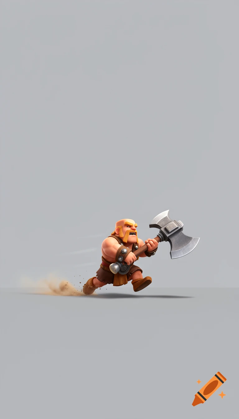 A cartoon barbarian character, holding a large axe, runs forward kicking up dirt against a light gray background.