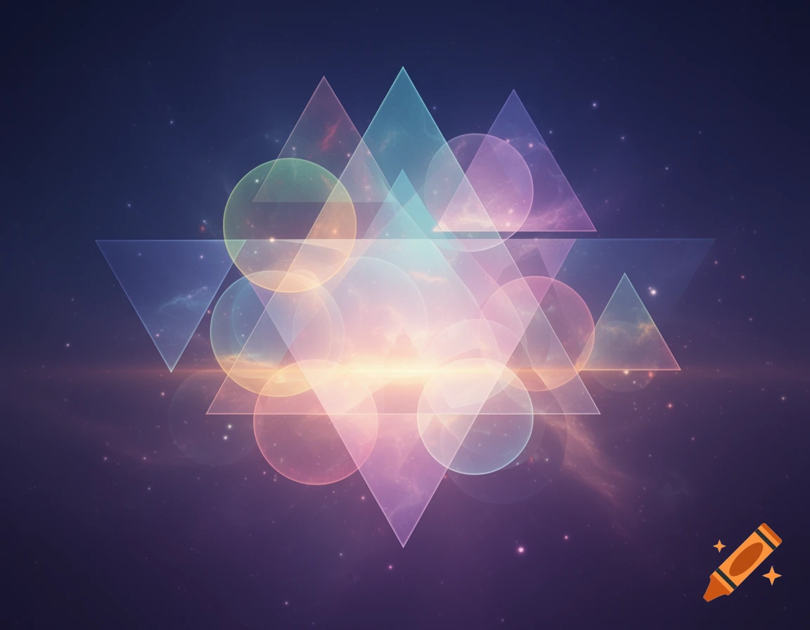Glowing, overlapping abstract triangles and circles against a dark cosmic background with stars and light streaks.