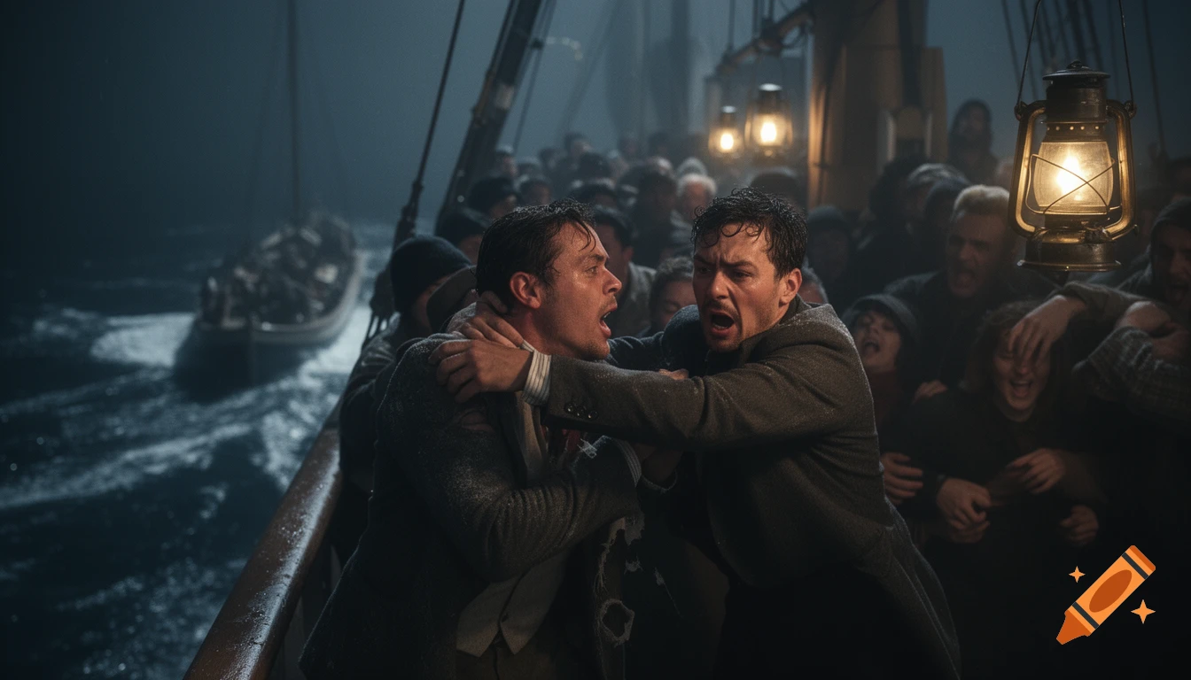 Two men struggle on a chaotic ship deck at night, surrounded by panicked people and a lifeboat in the stormy sea. Photorealistic.