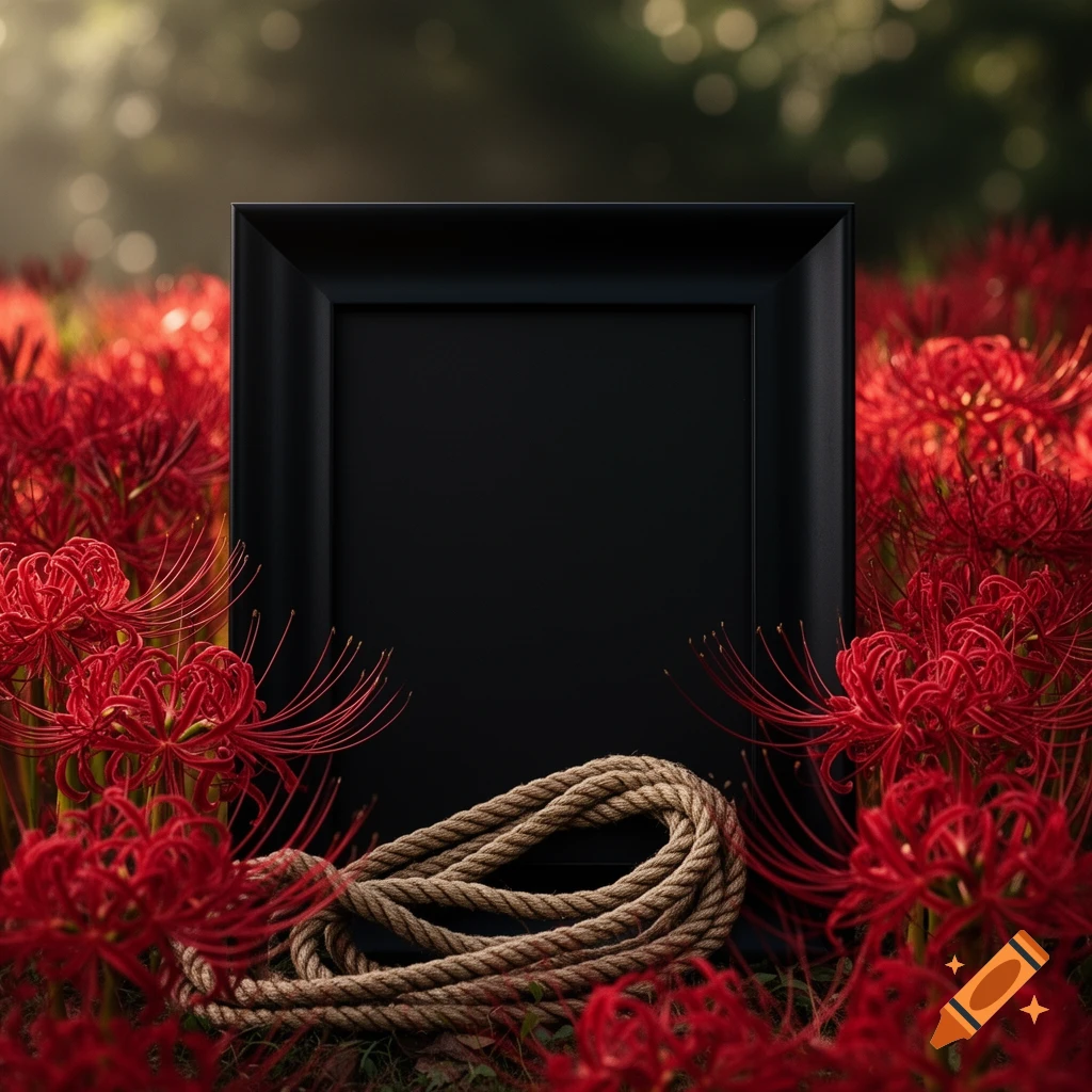 A black picture frame stands amidst vibrant red spider lilies, with a coiled rope resting in front of it on the ground.