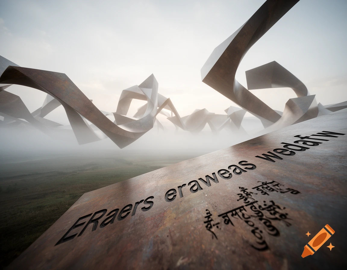 Abstract, rusty geometric sculptures rise from a misty landscape, with text 'ERaers eraweas wedafw' carved in the foreground.
