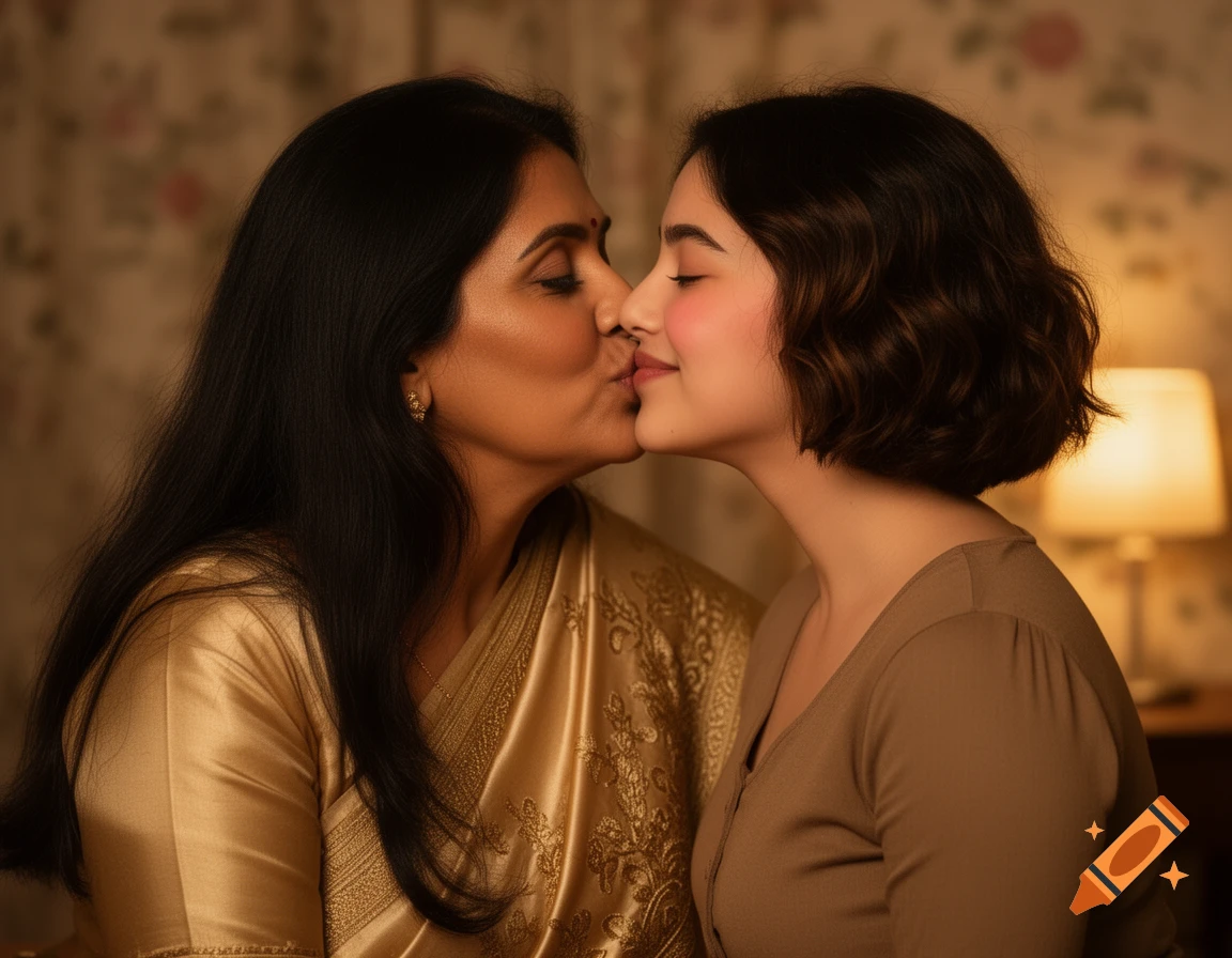 A mature Indian woman in a golden sari kisses a younger woman with short curly hair in a warm, intimate indoor setting.