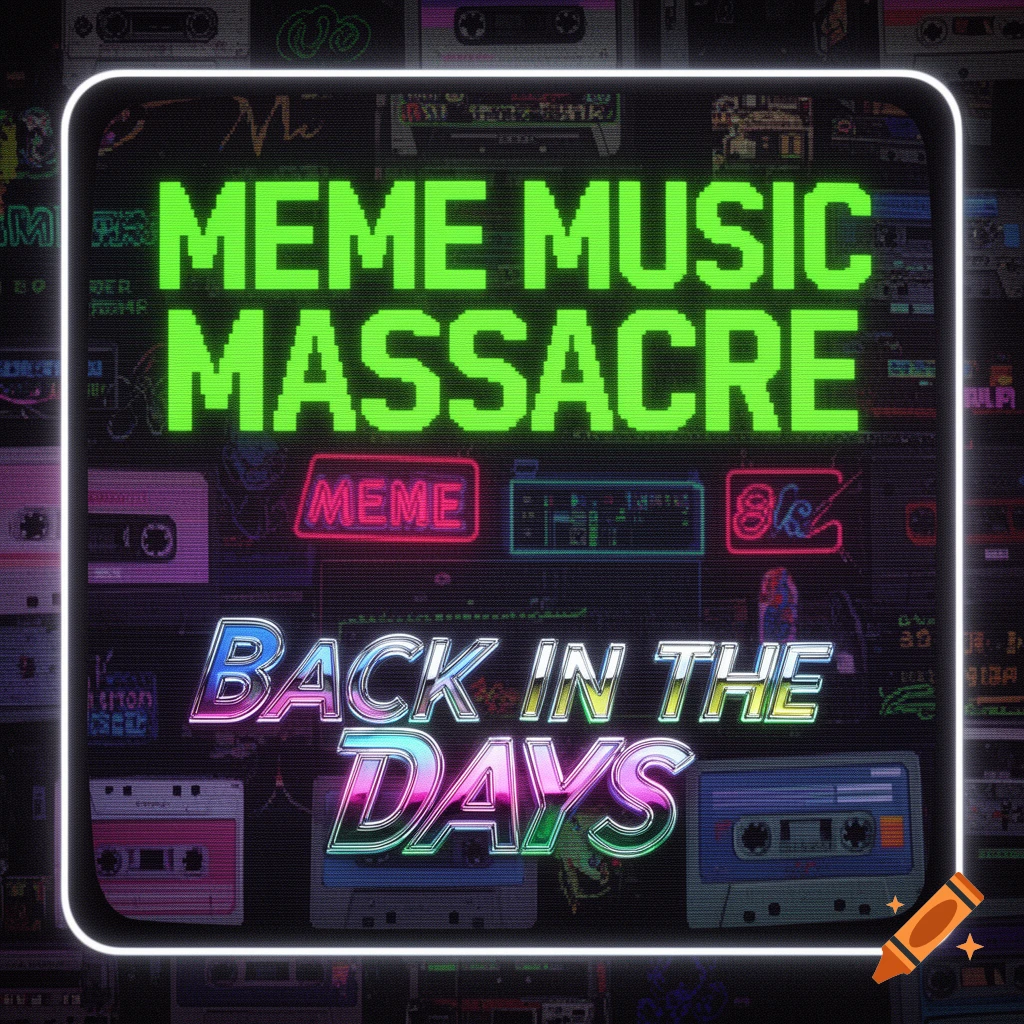 An album cover with green pixelated text "MEME MUSIC MASSACRE" and gradient "BACK IN THE DAYS" over a background of retro cassette tapes.