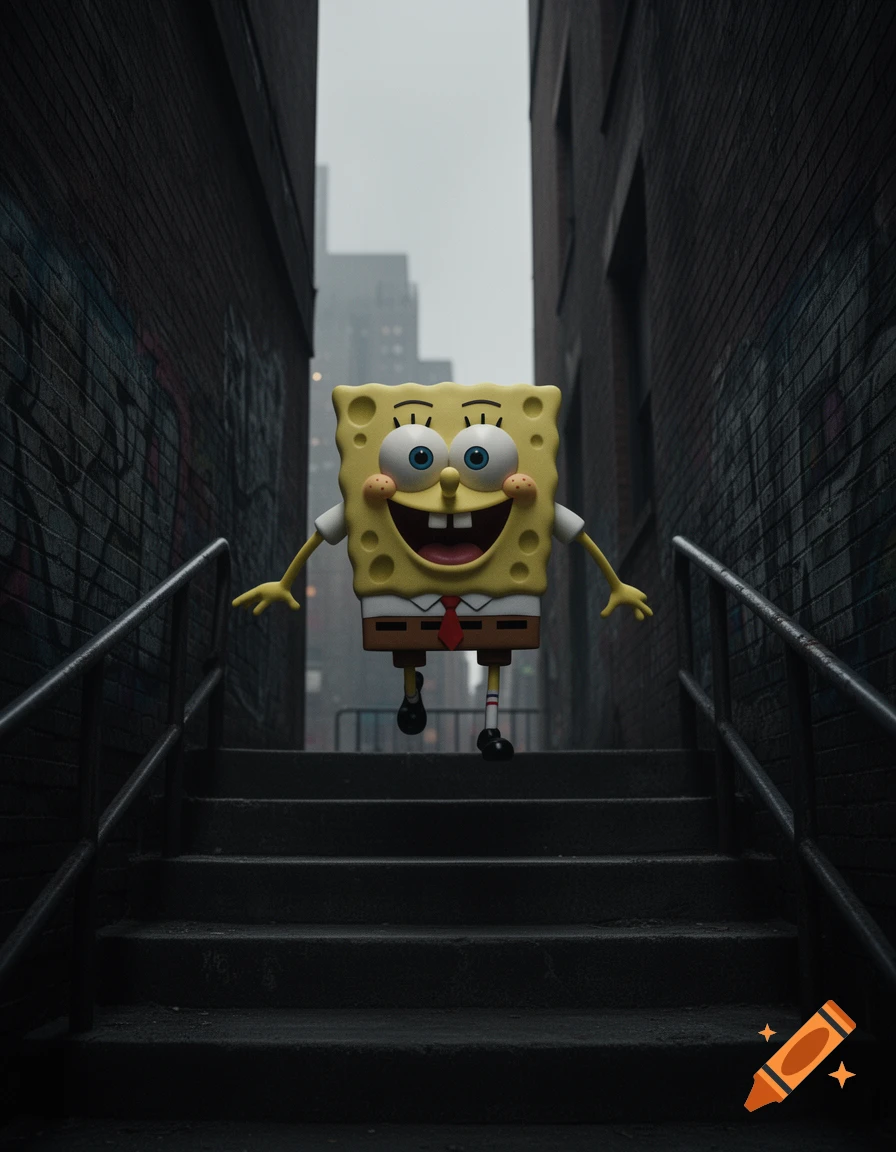 SpongeBob SquarePants figure joyfully bounces down dark, gritty urban stairs in an alleyway, inspired by the Joker movie.