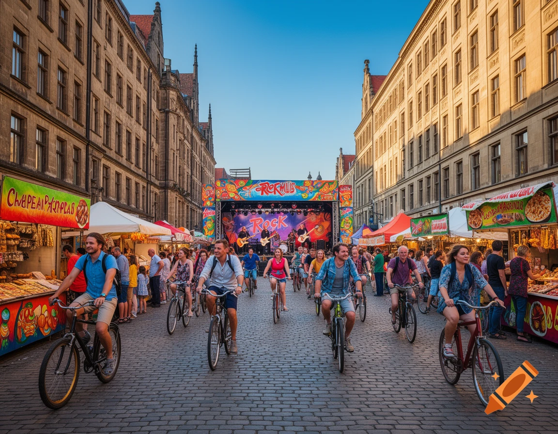People cycle through a lively city festival with market stalls, historic buildings, and a rock band performing on stage at sunset.