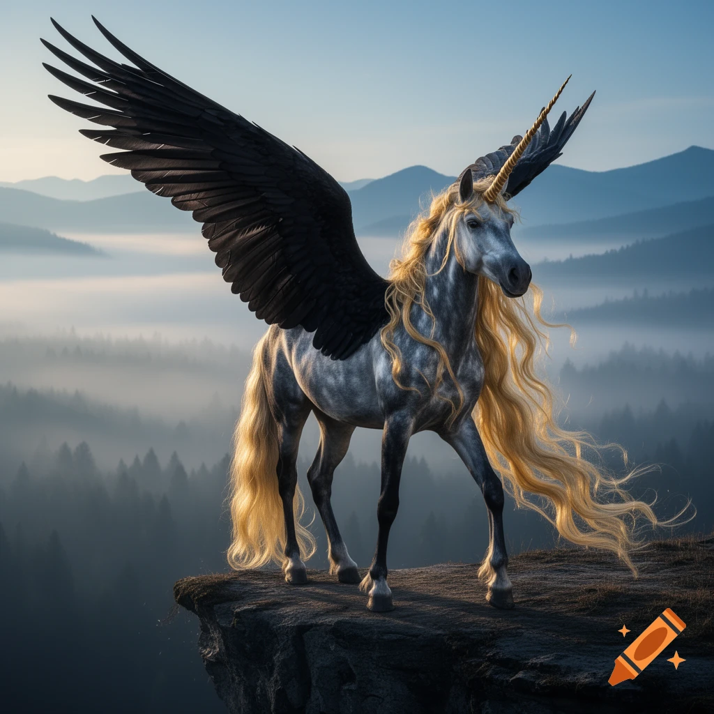A majestic alicorn with a dappled grey coat, golden horn, blonde mane and tail, and black wings stands on a cliff overlooking a misty mountain valley.