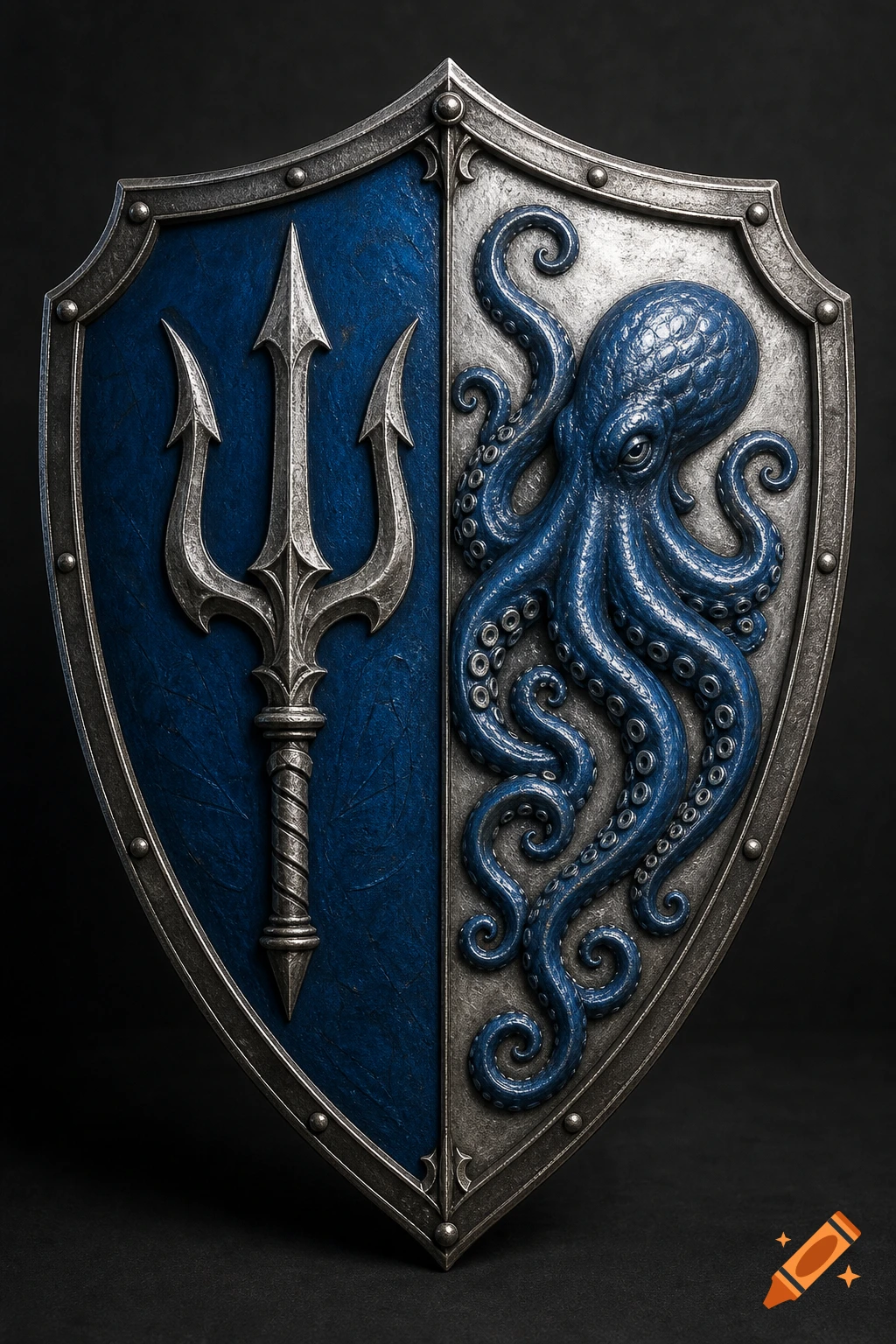 A detailed metallic shield, vertically split in blue and silver. The blue side features a silver trident, and the silver side features a blue octopus.