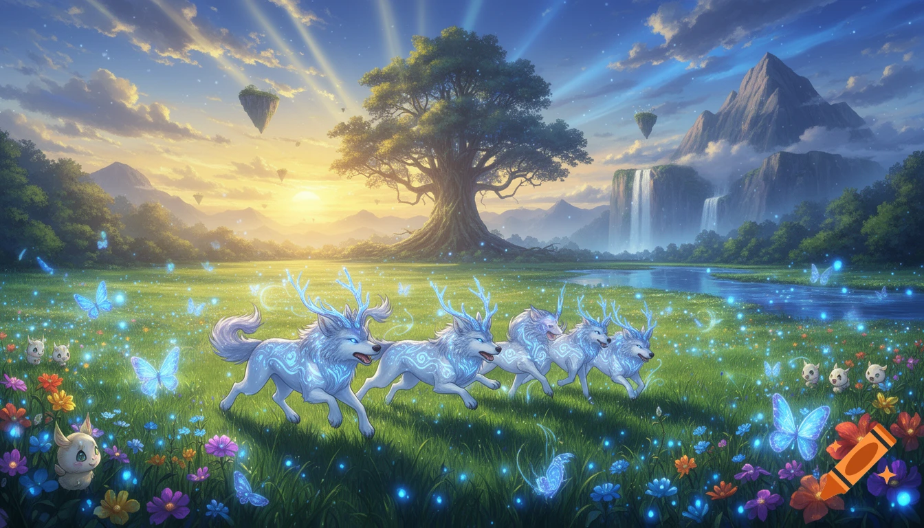 Glowing spirit wolves run through a vibrant, magical fantasy meadow with an ancient tree, waterfalls, and floating islands at sunset, anime style.
