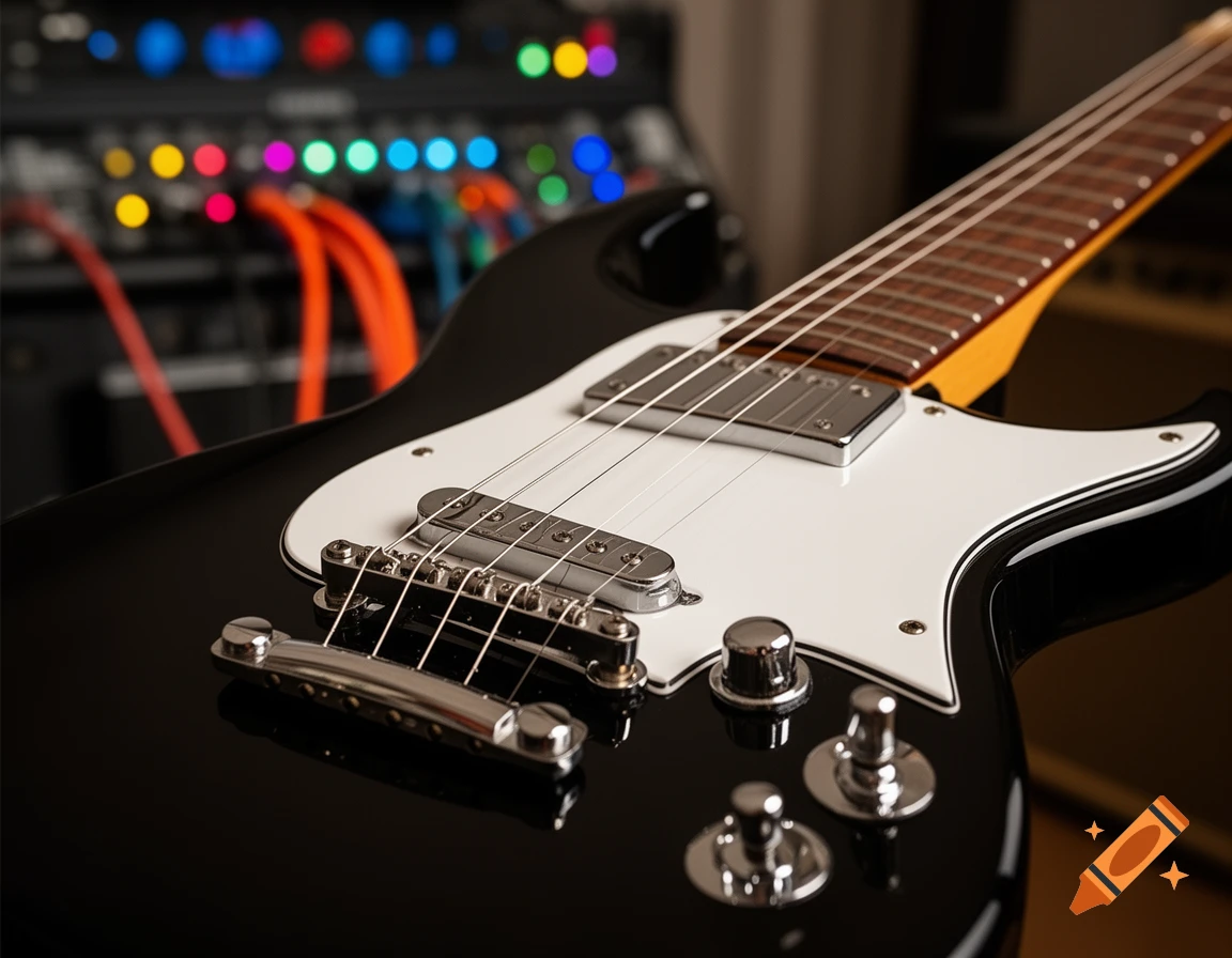 Close-up of a black electric guitar with a white pickguard against a bokeh background of colorful studio equipment.