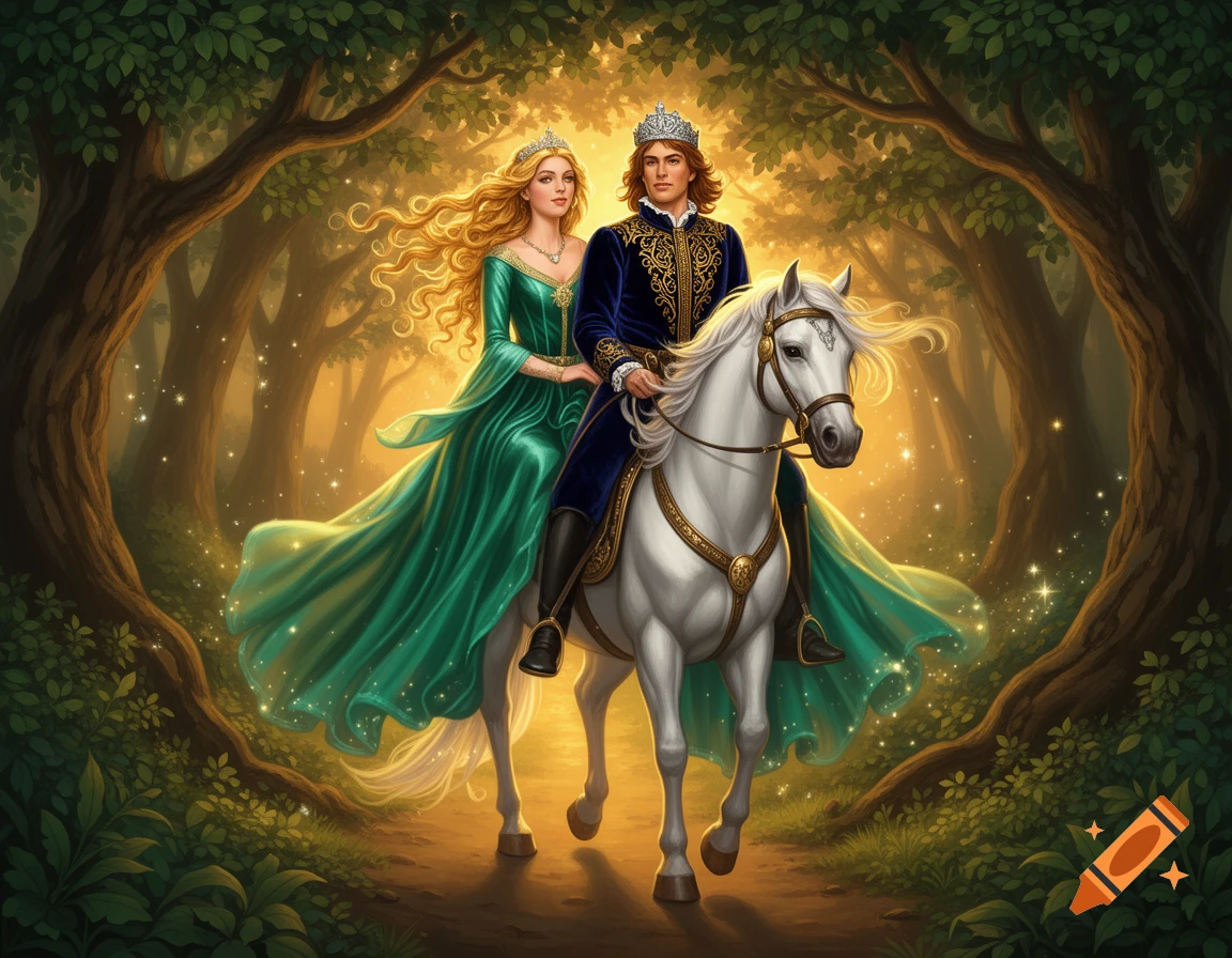 A prince and princess ride a white horse through an enchanted, sunlit forest in a beautiful fairy-tale illustration.