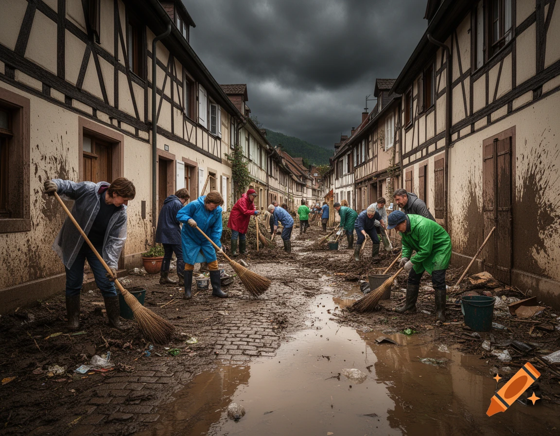 People in rain gear sweep thick mud and debris from a narrow street lined with half-timbered houses after a flood, under a dark, cloudy sky.