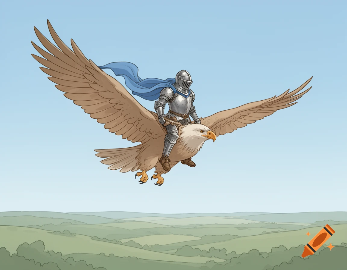 A knight in shining armor with a blue cape rides on the back of a large brown eagle with spread wings, soaring over green hills in an illustration.