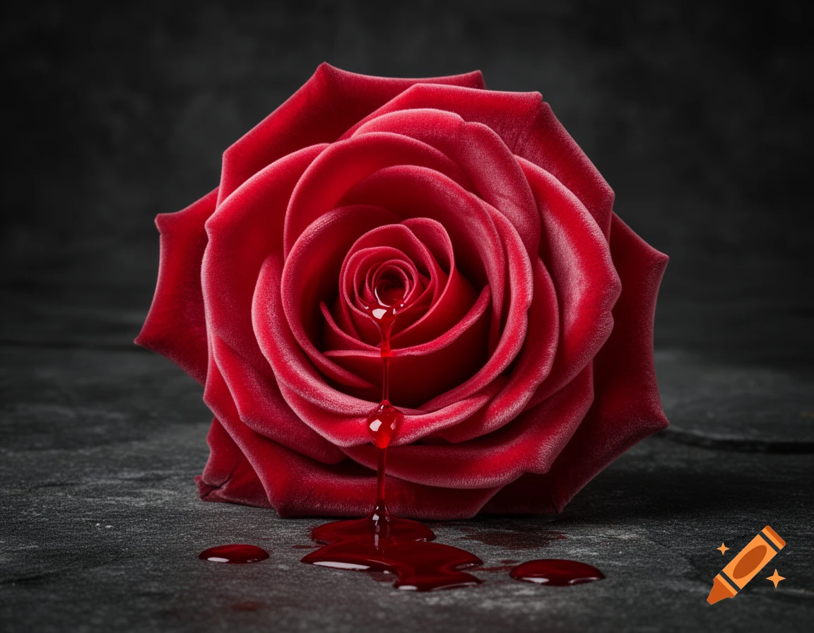 A vibrant red rose drips blood onto a dark, textured surface, forming small pools.