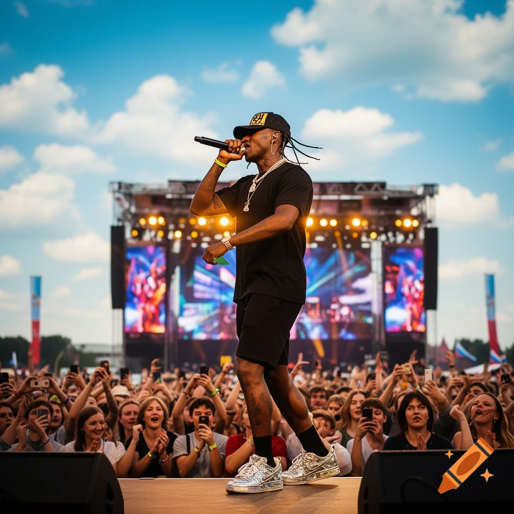 Travis Scott performs live on stage at an outdoor music festival, holding a microphone. A large crowd watches under a blue sky.