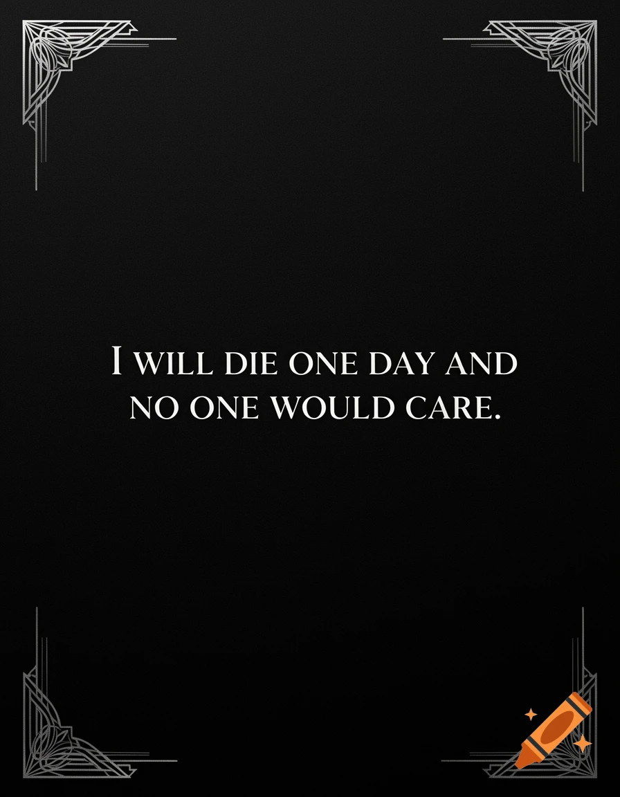 Minimalist black poster with the quote 'I will die one day and no one would care' in white text, framed by silver Art Deco corners.