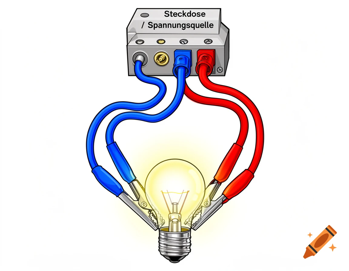 Cartoon diagram of an electrical circuit. A grey power source connects via blue and red wires with alligator clips to a glowing light bulb.