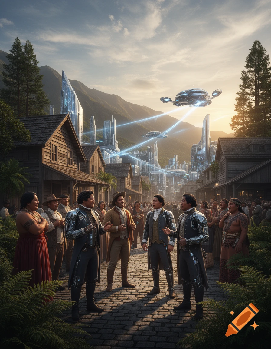 A diverse group in a colonial town square, conversing as futuristic cityscapes and flying vehicles appear in the mountain background at sunset.